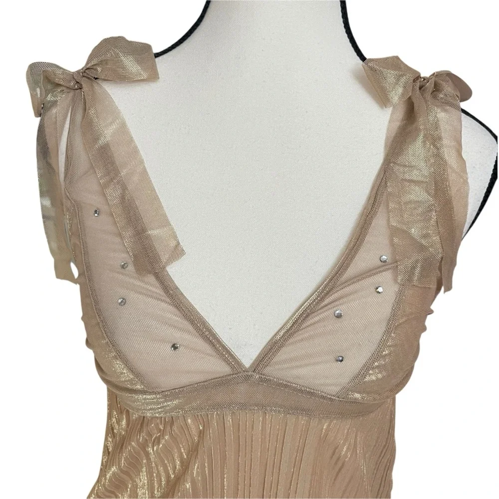 Rampage Gold Shimmer Pleated Chemise Mini Dress Rhinestone Bow Straps‎ Y2K Sz S